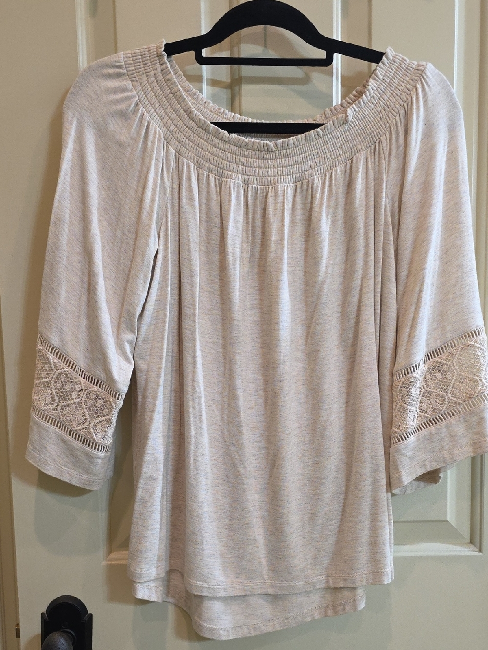 Daniel Rainn Cream Smocked-Neck Tunic with Lace Sleeve Panels